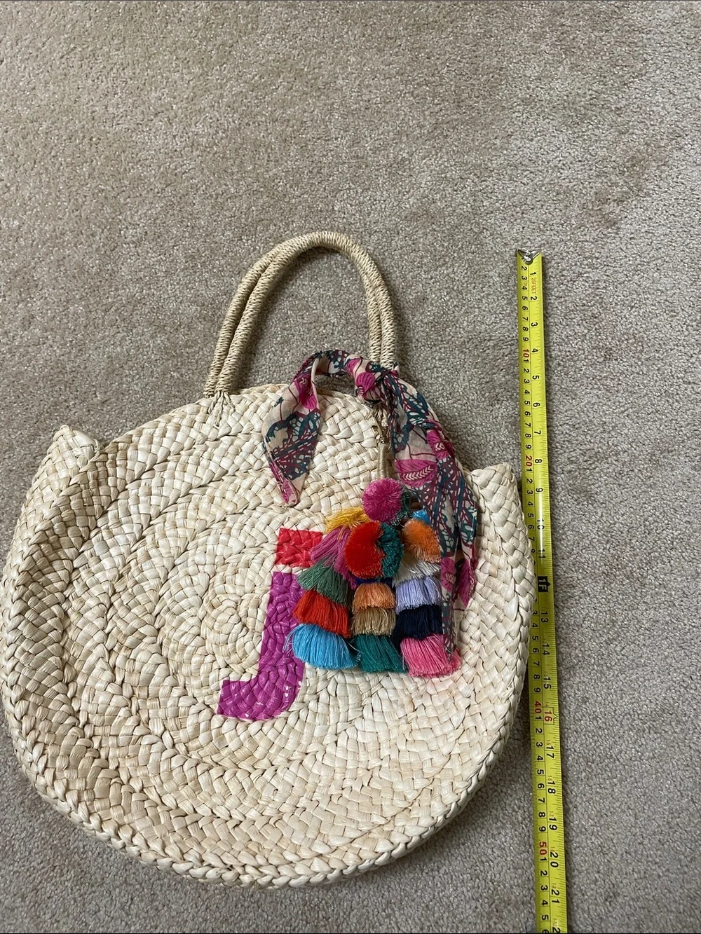 Maud Fourier Paris for Anthropologie  Round Straw Tote with Initial “J”
